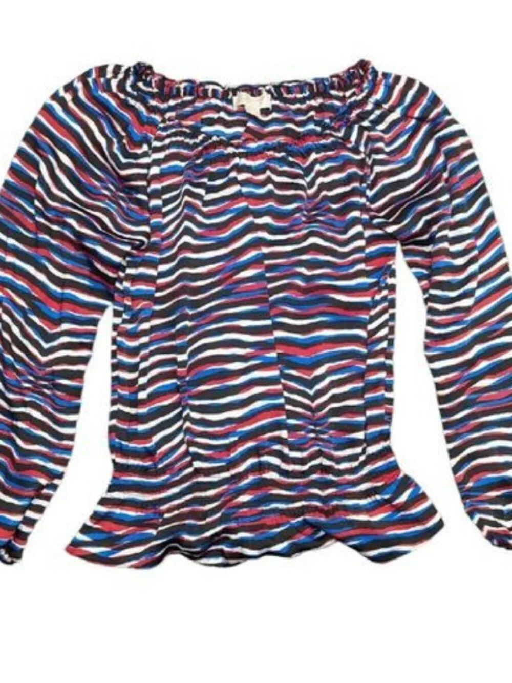 Michael Kors Striped Long Sleeve Blouse Elastic Neck Peplum Top Women's Shirt XS
